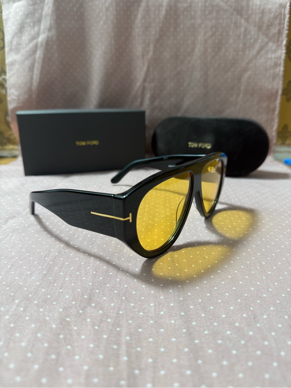Tom Ford Black Frame Sunglasses with Yellow Lenses and Gold Accents